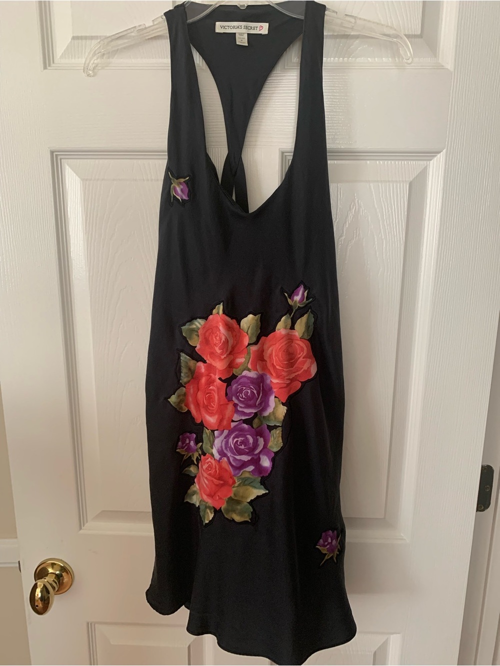 Victoria’s Secret Silk Nightgown: Black w/Red/Purple Roses At Front, Racerback M